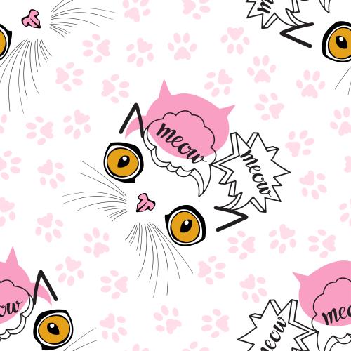 Кот. Паттерн бесшовный мультяшные кошачьи мордочки, надписи meow, следы лапок на белом