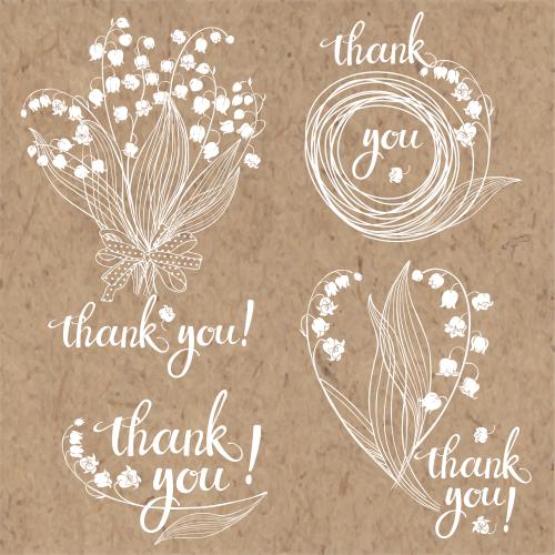 Ландыш. Вектор четыре композиции с ландышами и надписью thank you на крафте