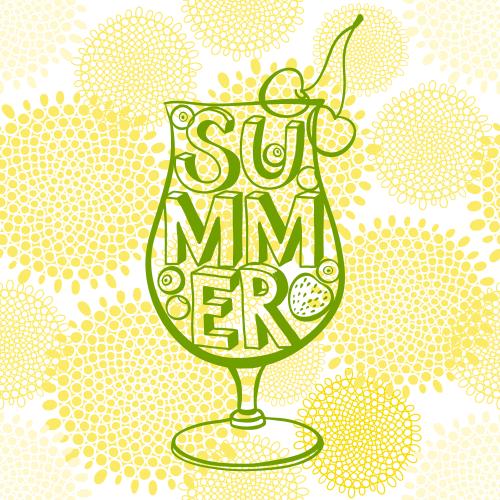 Вишня. Изображение коктейль с ягодамим, надписью summer, желтые абстрактные цветы на белом