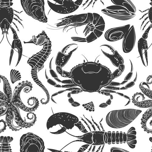 Устрица. Изображение морской конек, осьминог, краб, мидии, устрица, лобстер, рак, креветка, ракушка, черные силуэты на белом