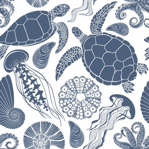 Векторное изображение морские обитатели, черепахи, медузы, мидии, наутилус, морской еж на белом