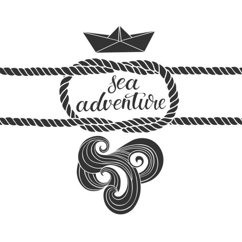 Кораблик. Изображение морской узел, бумажный кораблик, волны, надпись sea ​​adventure, черные силуэты на белом