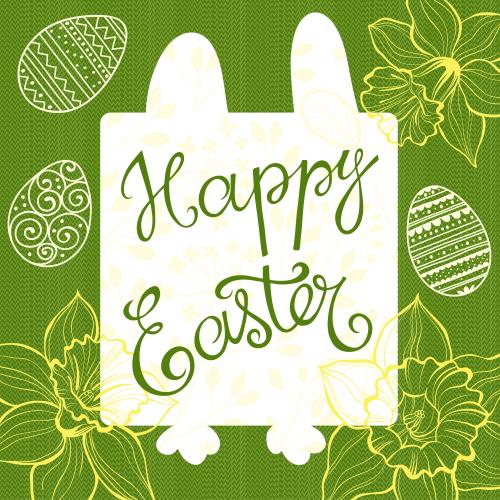 Изображение стилизованный кролик, надпись happy easter, пасхальные яйца, нарциссы на зеленой траве