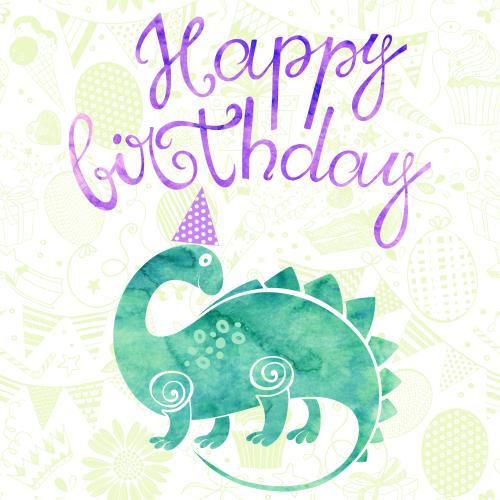 Динозавр. Вектор акварельный динозавр, надпись happy birthday на белом с символами праздника