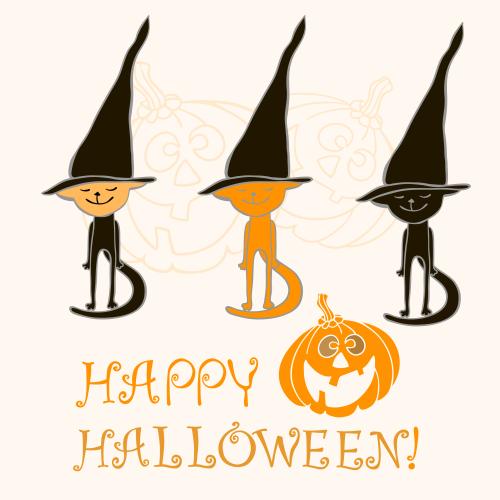 Тыква. Вектор три кота в шапках ведьм, тыква-фонарь и надпись happy halloween