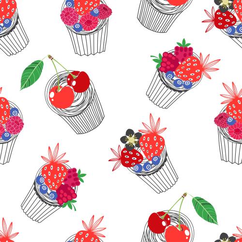 Малина. Вектор кексы с ягодами: малиной, клубникой, вишней и черникой на белом