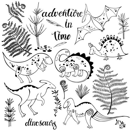 Динозавр. Вектор милые мультяшные динозавры, папоротники, надпись adventure in time на белом