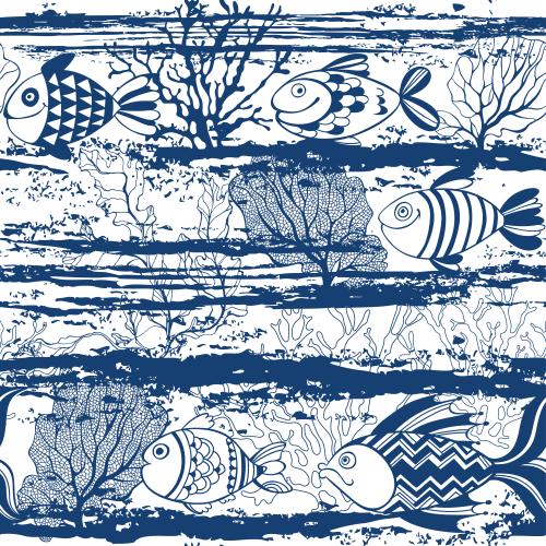 Рыбы. Изображение мультяшные рыбы, фактурные волны, кораллы и водоросли на белом