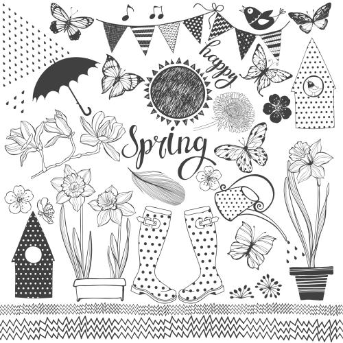 Дождь. Вектор коллекция элементов на весеннюю тему, надпись happy spring на на белом
