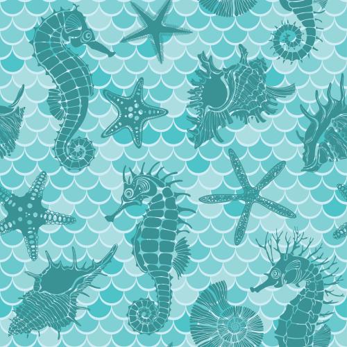 Вектор морские коньки, морские звезды, ракушки на волнах