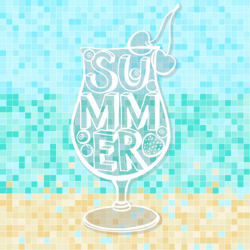 Вишня. Изображение коктейль, надпись summer на мозаичном в цветах моря и пляжа