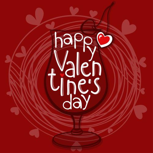 Валентинка. Изображение надпись happy valentines day, коктейльный бокал,круг с сердечками на красном