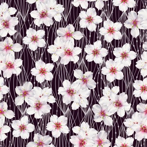 Растровое изображение акварельные цветы миндаля и графические абстрактные листья на темном