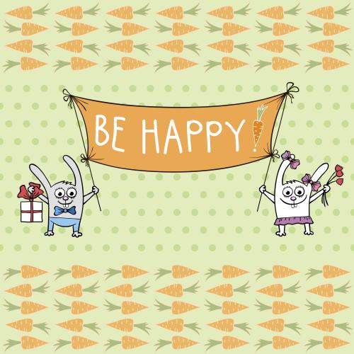 Кролик. Вектор мультяшные зайцы, морковки и надпись be happy