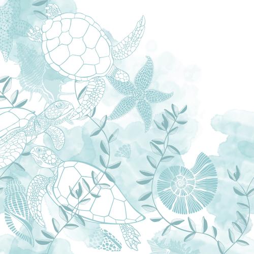 Векторное изображение угловая композиция на морскую тему с черепахами, голубым акварельным фрагментом и местом для текста