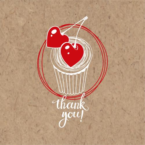 Вишня. Изображение кекс с вишнями-сердечками и надпись thank you на крафте