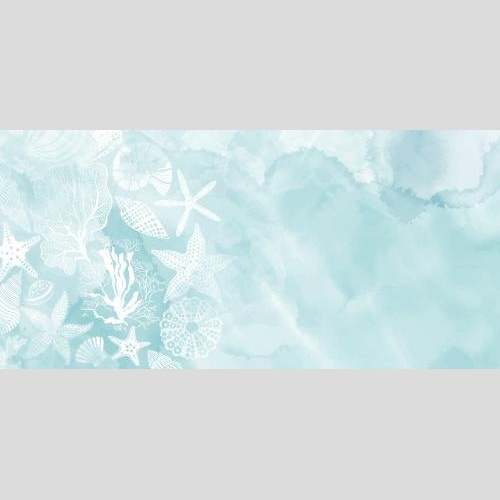 Морской еж. Изображение морские звезды, ракушки, наутилус, морской еж, кораллы, водоросли, место для текста на голубом акварельном