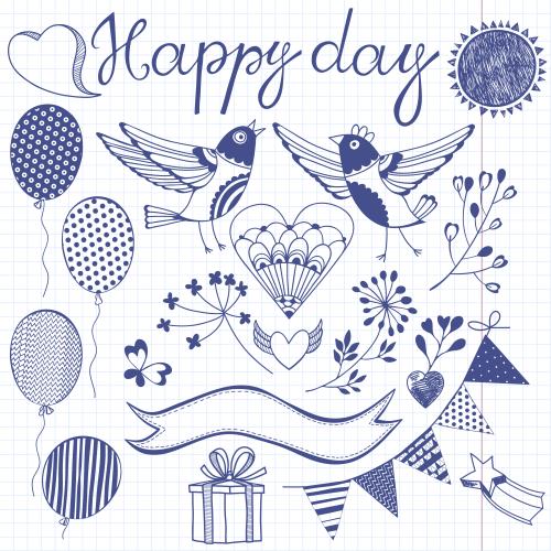 Символ. Вектор мультяшные птицы, символы праздника, надпись happy day на тетрадном в клетку