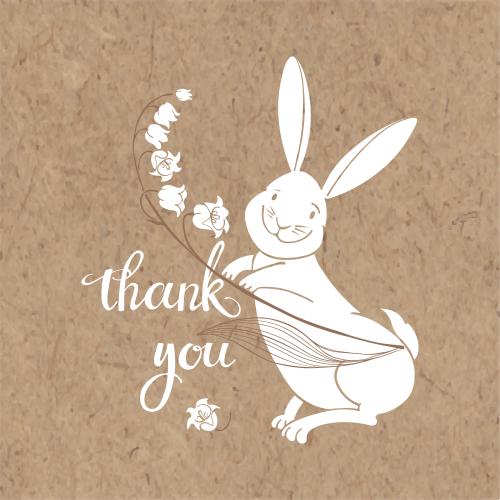 Изображение милый зайчик с ландышем и надпись thank you на крафте