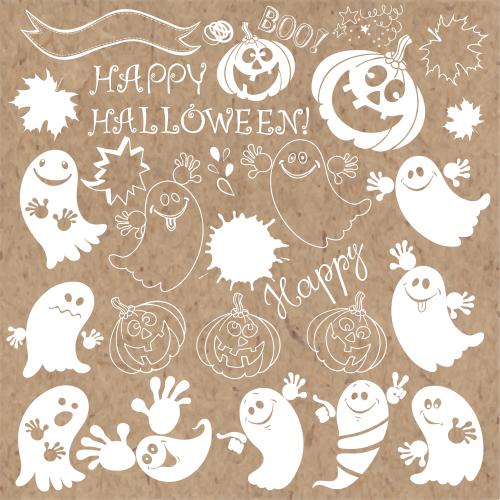 Хэллоуин. Вектор милые привидения, веселые тыквы, надпись happy halloween, другие символы хэллоуина на крафте