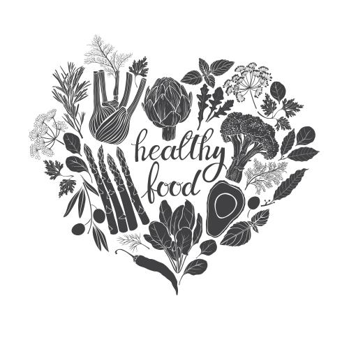 Перец. Изображение овощи, кулинарные травы, надпись healthy food, композиция в форме сердца, черные силуэты на белом