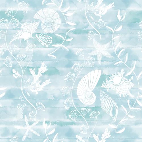 Векторное изображение ракушки, водоросли, морские звезды на голубом акварельном