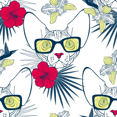 Сфинкс кот. Вектор коты сфинксы в солнечных очках в окружении пальмовых листьев, цветов орхидеи и гибискуса, с птичкой калибри на белом