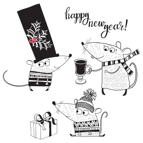 Мышь. Вектор три мультяшные мышки, надпись happy new year на белом