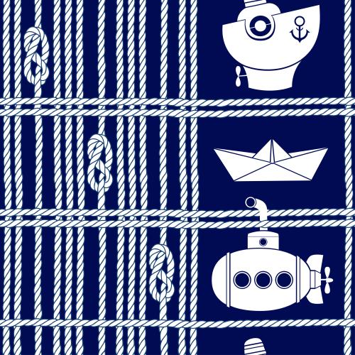Кораблик. Изображение горизонтальные и вертикальные канаты с морскими узлами, мультяшная подводная лодка, бумажный кораблик и лодка с мотором на синем