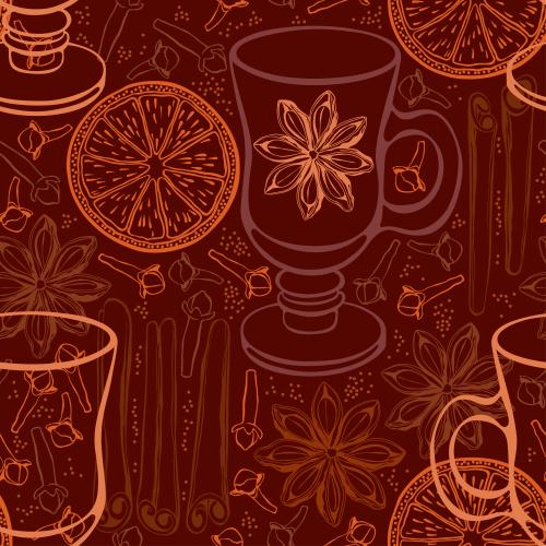 Зима. Изображение стакан для глинтвейна, палочки корицы, звездочки аниса, апельсин, гвоздика на бордовом