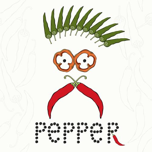 Перец. Изображение мультяшное лицо из перцев и надпись pepper