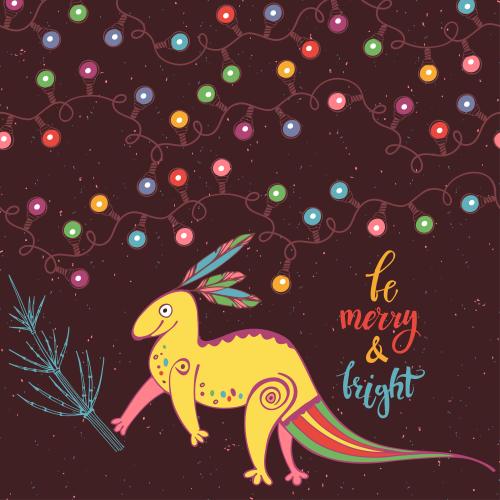 Динозавр. Вектор мультяшный динозавр, гирлянды, надпись be merry and bright на цветном
