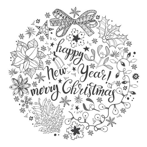 Звезда. Изображение символы зимних праздников в круге, надпись happy new year, merry christmas на белом
