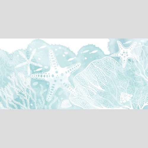 Векторное изображение морские звезды, кораллы, водоросли, ракушки на голубом акварельном