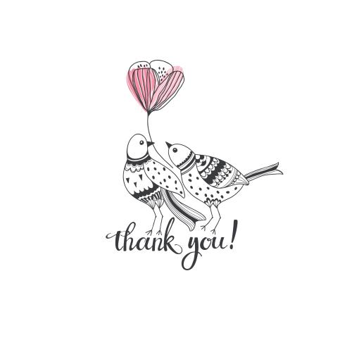 Векторное изображение две мультяшные птички с цветком и надписью thank you на белом