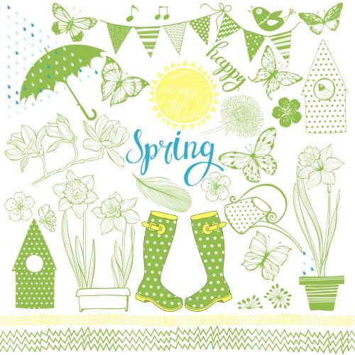 Дождь. Вектор коллекция цветных элементов на весеннюю тему, надпись happy spring на на белом
