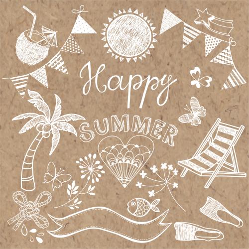 Шезлонг. Вектор символы и элементы пляжного отдыха, надпись happy summer на крафте