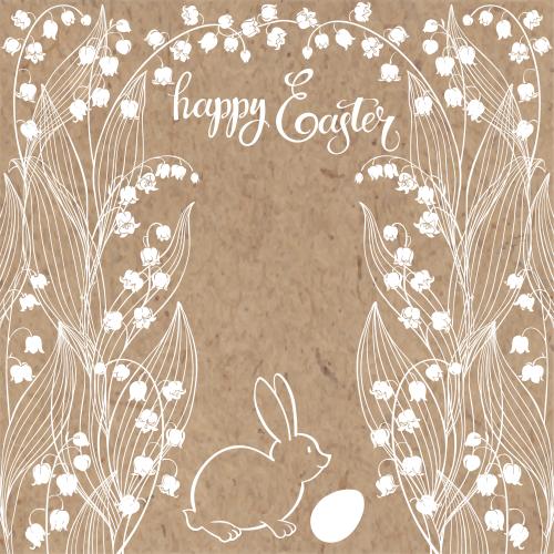 Подарок. Изображение ландыши, милый кролик с пасхальным яйцом, надпись happy easter на крафте
