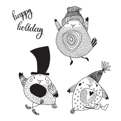 День рождения. Изображение три веселые мультяшные птички, надпись happy holiday на белом