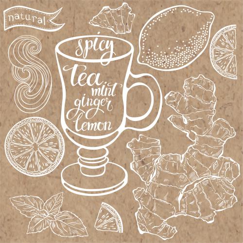 Мята. Вектор лимон, мята, имбирь, бокал, надписи: spicy, tea, mint, ginger, lemon на крафте