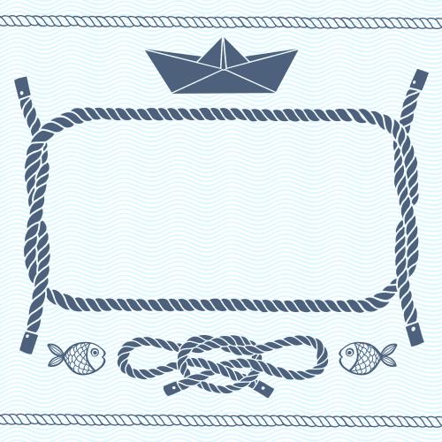 Кораблик. Изображение прямоугольная рамка из морских канатов с местом для текста, канаты, бумажный кораблик, морской узел, рыбки на голубых волнах