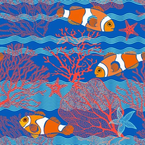 Векторное изображение рыбки-клоуны, морские звезды, кораллы, волны на синем
