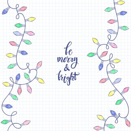 Гирлянда. Фон гирлянды с разноцветными лампочками, надпись be merry and bright на тетрадном в клеточку