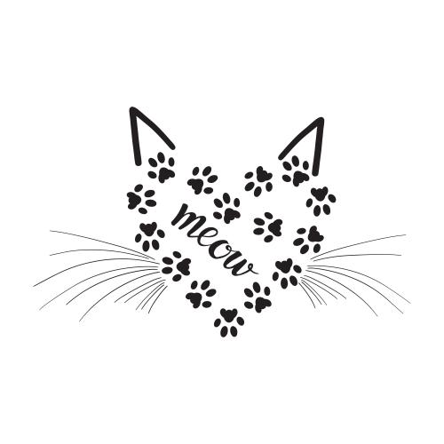 Векторное изображение сердечко из кошачьих следов, надпись meow, ушки и усы на белом