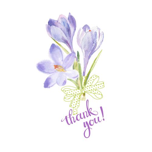 Растровое изображение букет крокусов с бантом и надписью thank you на белом