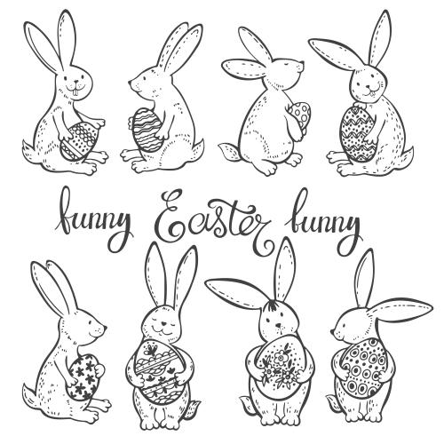 Яйцо. Клипарт мультяшные кролики с пасхальными яйцами, надпись easter на белом