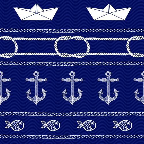 Линия. Вектор канаты с морскими узлами, рыбки, якоря, бумажные кораблики на синих волнах