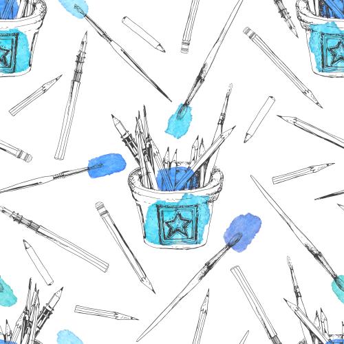 Краски. Изображение крандаши, кисти, баночка с художественными принадлежностями, акварельные фрагменты на белом