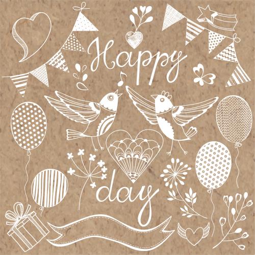 Флаг. Изображение мультяшные птицы, символы праздника, надпись happy day на крафте