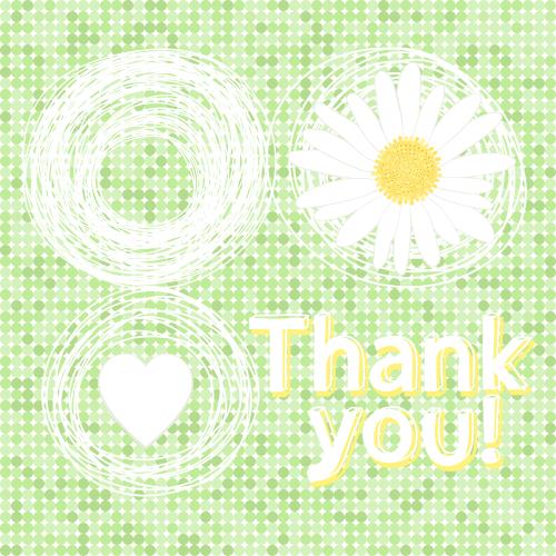 Ромашка. Узор ромашка, сердуе и произвольные круги, надпись thank you на поле в зеленый горошек